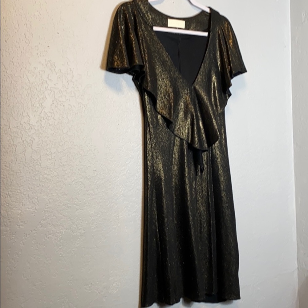 Bensoni Dress Gold Metalic Ruffle Detail Sz 2